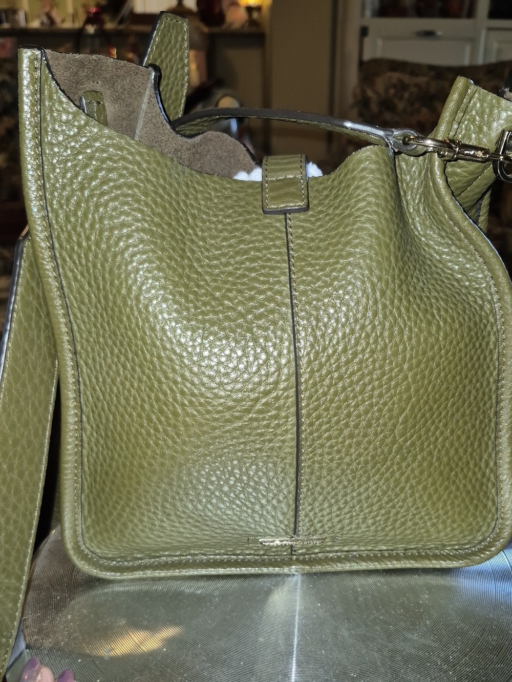 Rebecca Minkoff  OliveGreen Leather Crossbody Bag.Brads Sz.9"×8.5:×3.5" 24"drop.